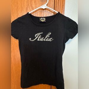 Black short sleeve T-shirt, size XS, Italia stitching in gold w sparkle detail